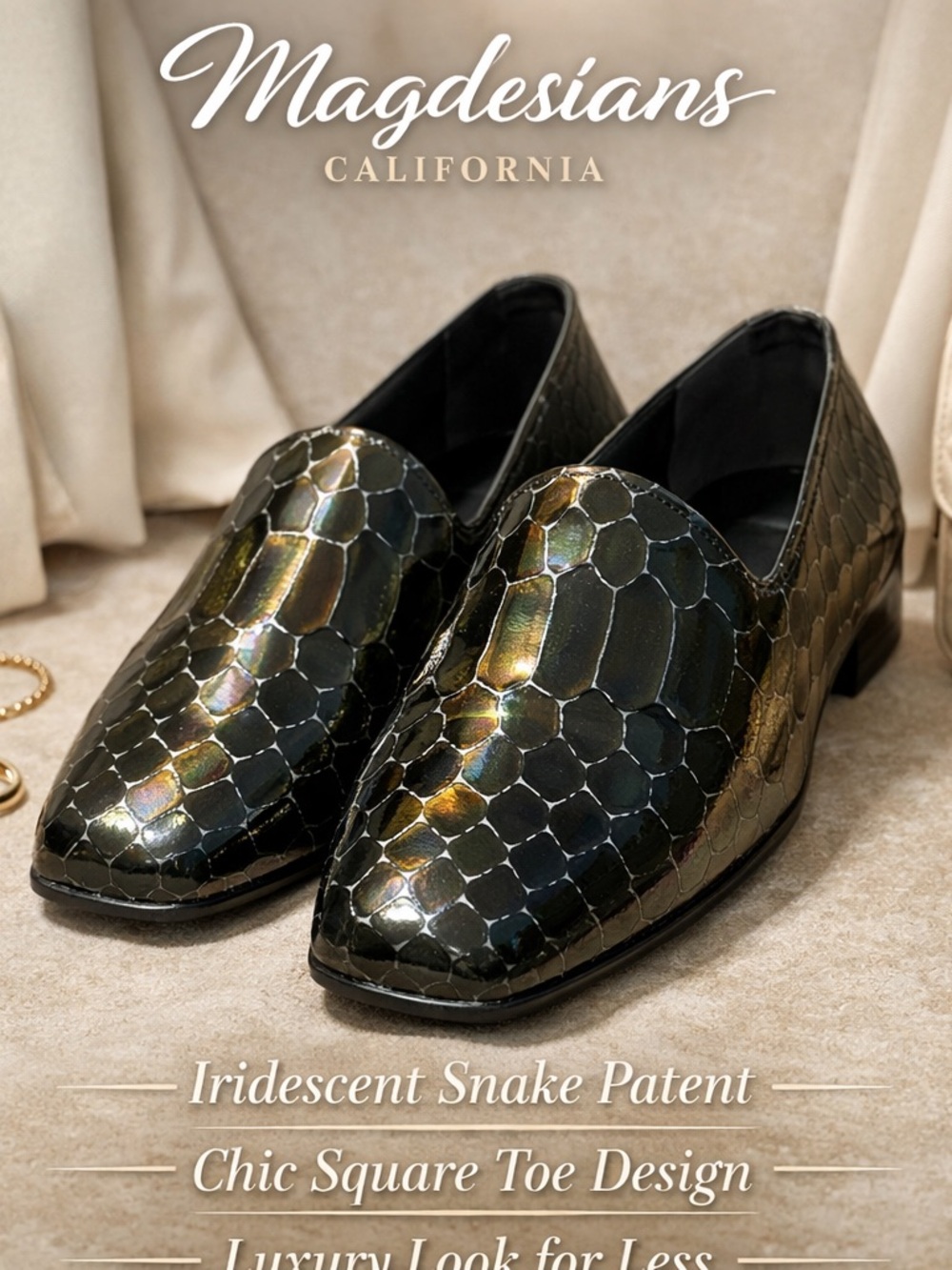 Magdesigns Iridescent Snake-Effect Patent Loafers - Black